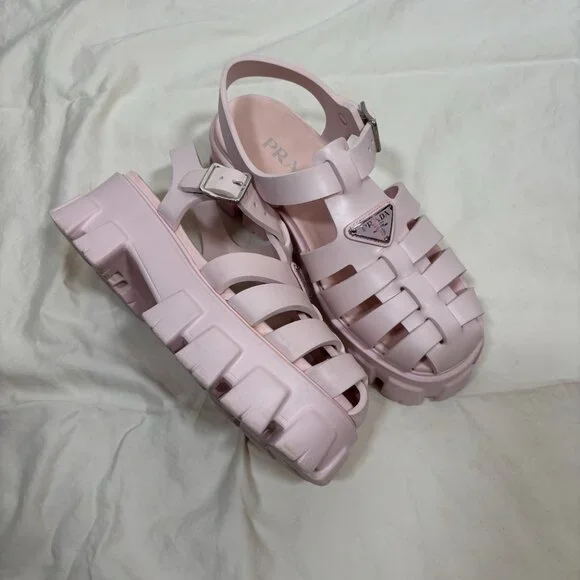 Prada Womens Monolith Rubber Cage Sandals Baby Pink Platform Slingback Size 38 - Picture 5 of 10